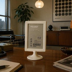 Peut inclure: Un cadre photo en céramique blanche avec un support, affichant le texte "Tolsby". Le cadre est posé sur un bureau en bois avec un bloc-notes, un stylo et un téléphone vintage. Une lampe orange et un bol noir sont également sur le bureau.