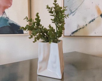 Vintage Eclectic Paper Bag Ceramic Vase - Retro Minimalist White Flower Vase - Portugal