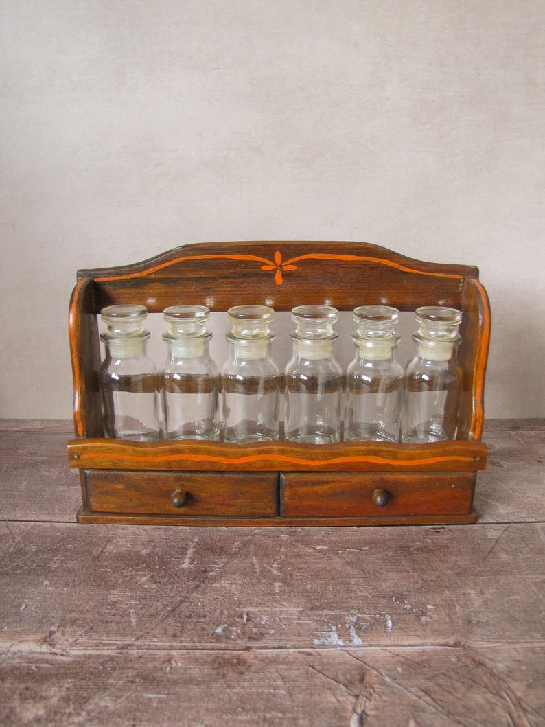 Vintage Apothecary Spice Rack With Glass Bottles - Wooden Jars Cabinet ...