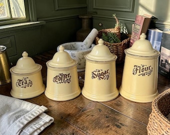 Vintage Pfaltzgraff Village Canister Set of 4 Ceramic Canisters - Cottage Farmhouse Kitchen Storage - Tea, Coffee, Sugar, Flour