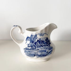 Vintage Ridgway Meadowsweet Creamer Ironstone Made in England blue transferware MCM Staffordshire milk jug country hand engraving