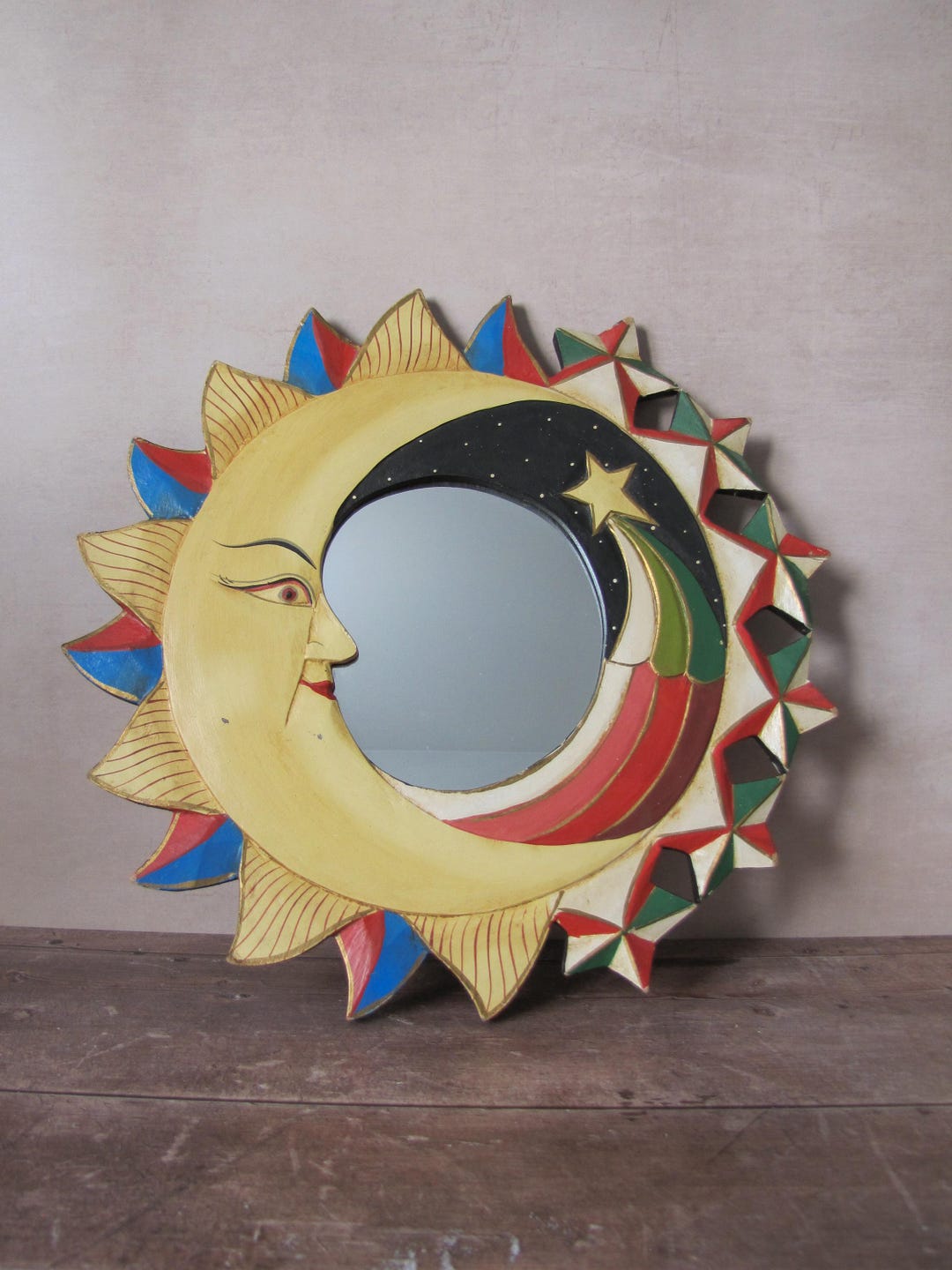 Dayspring Mirror Vintage Wood Celestial Sun Mirror - Rainbow Shooting Star - 16