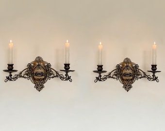 Juego de 2 candelabros de pared vintage Art Nouveau de latón con forma de piano - Par de candelabros