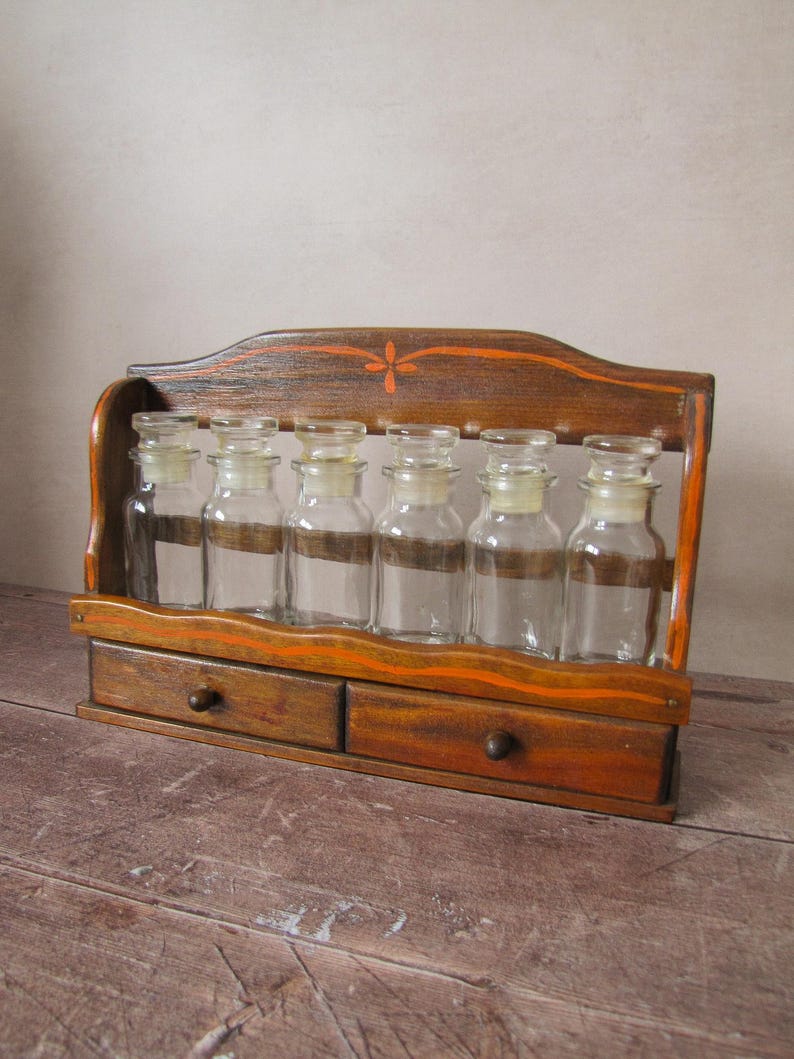 Vintage Apothecary Spice Rack With Glass Bottles - Wooden Jars Cabinet ...