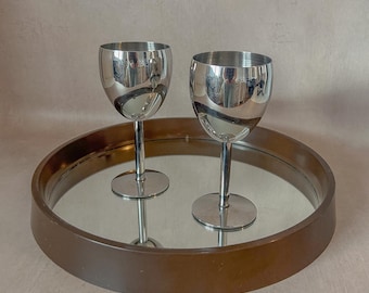 Set om 2 - Vintage PostModern Rostfritt Stål Vinglas - Retro Glasglas - MidCentury Barware