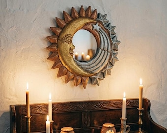 Espejo vintage de madera con el Sol y la Luna Celestiales - Cobre, Oro y Plata - 38 cm