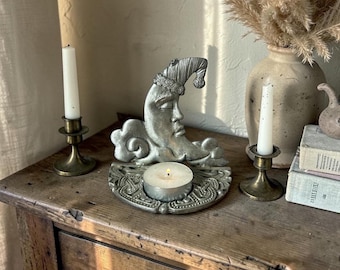 Vintage Silver Brass Moon Celestial Tealight Candle Holder - Tealight Candlestick - Boho Antique Decor