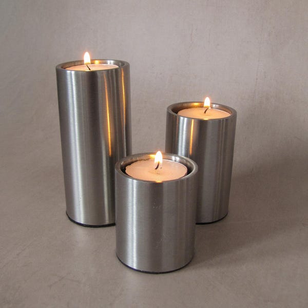 Vintage Stainless Steel Tealight Candle Holders Set of 3 - PostModern Cylinder Candlestick Holders