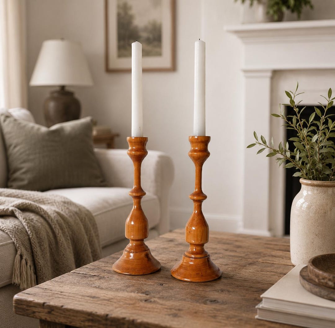 Set of 2 - Vintage Rustic Wood Candlestick Holders - Candle Holder Pair ...