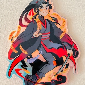 May include: A black and red anime character with long black hair and a red headband. The character is holding a long, thin, black and white weapon. The character is surrounded by yellow and orange swirls. The background is a light blue with white clouds.