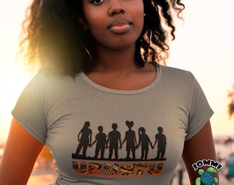 May include: A gray t-shirt with a silhouette of six people holding hands. The word "Ubuntu" is printed below the silhouettes in orange and black with a patterned design.
