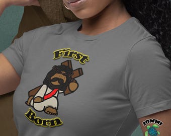 First Born Religious Tee: Black Jesus Cartoon, Christian Faith Apparel
