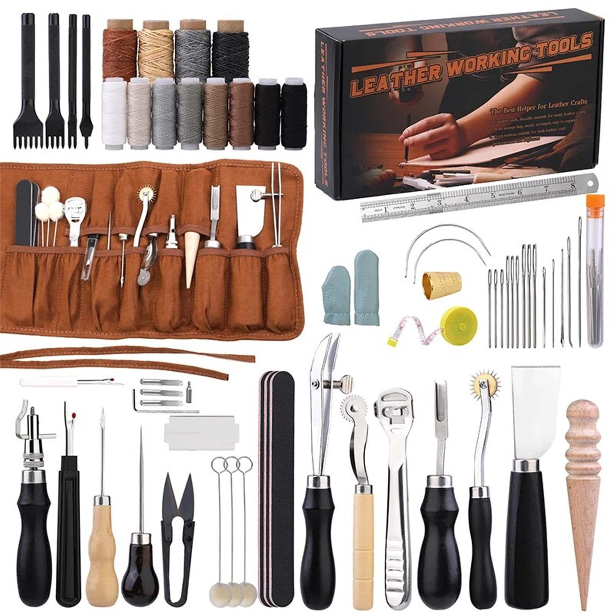 Leather Working Tools Kits Leather Craft Sewing DIY Hand Stitching With  Groover Awl Edge Creaser Mat Tools 