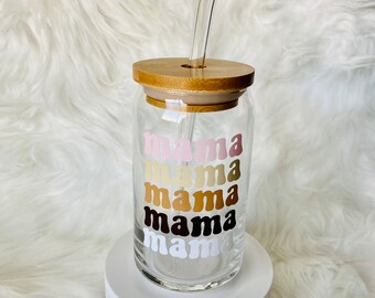 Mama Glass Can Beer Glass Soda Glass with Bamboo Lid and Glass Straw