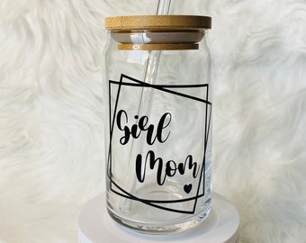 Boy Mom Girl Mom Glass Can Beer Glass Soda Glass with Bamboo Lid and Glass Straw