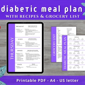 7 Day Diabetic Meal Plan with Recipes and Grocery List PDF Printable Low Carb Weekly Meal Plan Type 2 Diabetes Pre diabetic Diet Plan