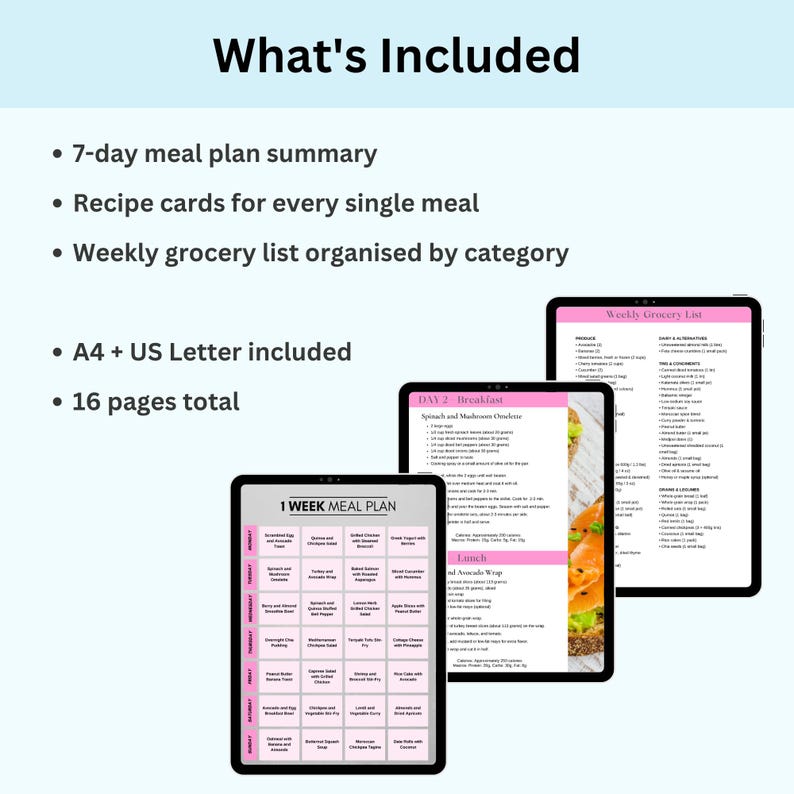 Health Heaven 800 calorie meal plan what's included slide showing weekly overview recipe cards and grocery list on tablet mockups with A4 and US Letter noted