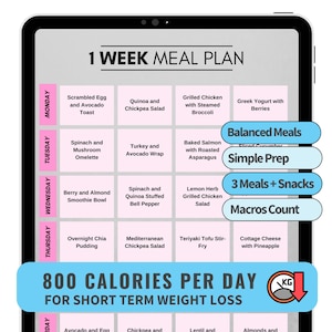 Diet Plan Weekly 800 Calorie Meal Plan with Recipes Low Calorie Deficit Meal Plan 7 Day Diet Plan for Weight Loss Printable Diet Program PDF