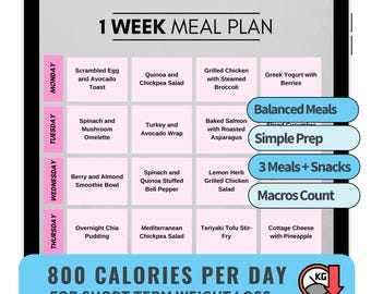Diet Plan Weekly 800 Calorie Meal Plan with Recipes Low Calorie Deficit Meal Plan 7 Day Diet Plan for Weight Loss Printable Diet Program PDF