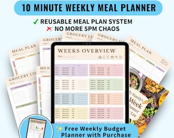 Digital Meal Planner & Grocery List PDF Weekly Meal Plan Template for iPad GoodNotes 52 week Reusable Meal Planning System Meal Prep
