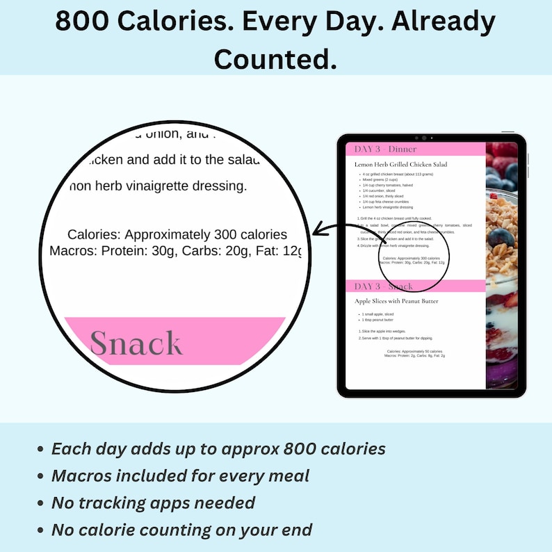800 calorie meal plan slide stating 800 calories every day already counted with bullet points confirming macros included and no calorie tracking needed