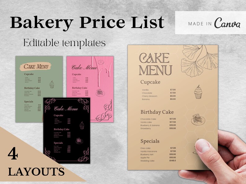Editable Bakery Price List Printable Cupcake Menu Cake Etsy