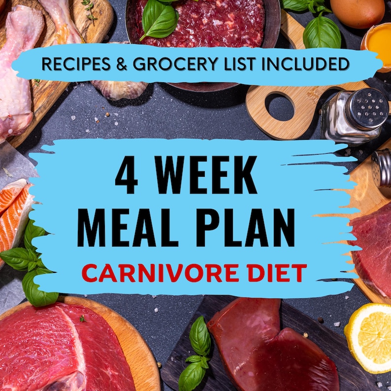 A flatlay photo featuring various raw meats including steak, salmon, and chicken, with herbs, eggs, lemon slices and a meat cleaver. Overlaid text reads: 4 Week Meal Plan – Carnivore Diet. Recipes & Grocery List Included.