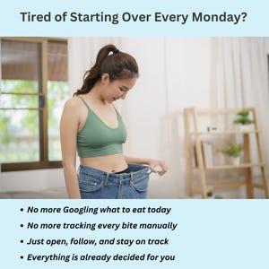 Tired of starting over every Monday slide for 800 calorie meal plan showing woman with text overlay explaining no decision fatigue with fully planned meals