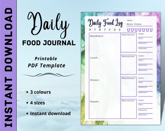 Daily Food Journal, Macro Tracker, Printable Food Diary, Food Tracker, Food Log, Meal Planning, Calorie Tracker, Weight Loss, PDF Template