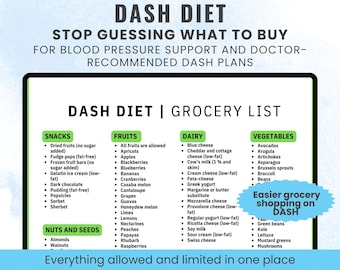 Dash Diet Food List High Blood Pressure Grocery List Printable Dash Diet for Hypertension Low Sodium Shopping List Healthy Heart Digital PDF