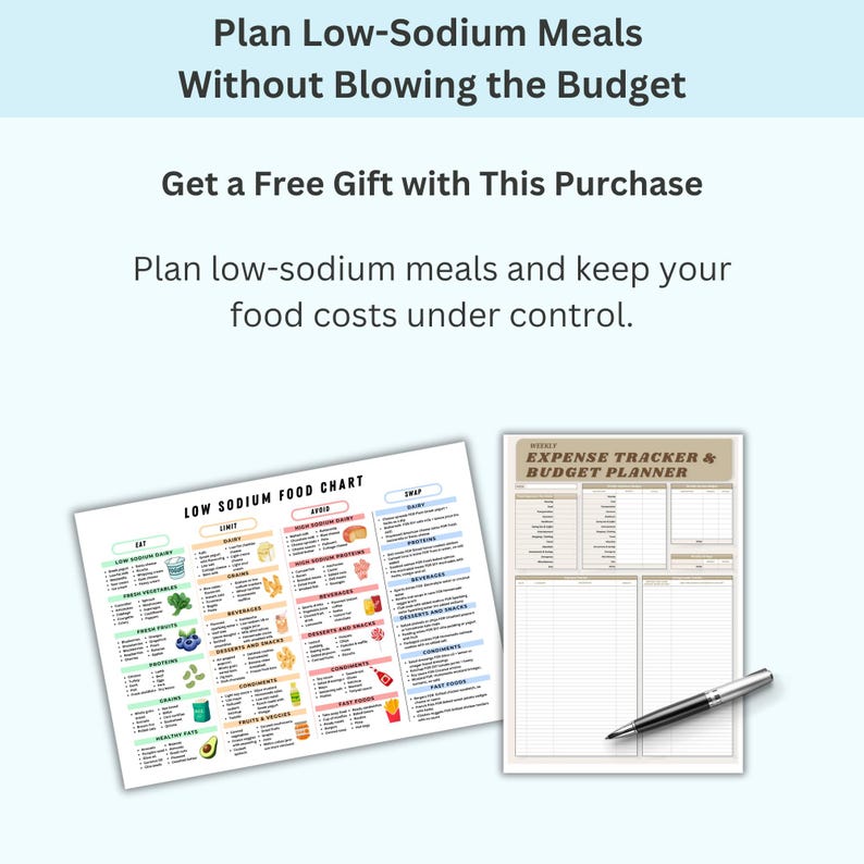 Free weekly budget planner included with your low sodium food list printable, helps plan meals without blowing the grocery budget.