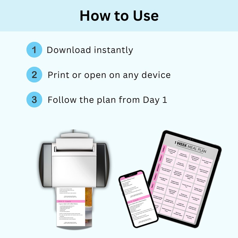 How to use slide for 800 calorie meal plan showing three steps download instantly print or open on any device and follow the plan from day 1