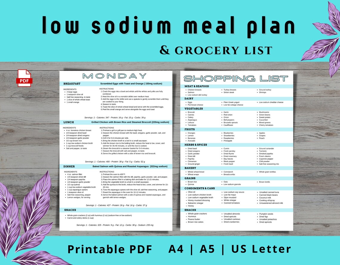 7 Day Low Sodium Meal Plan With Printable Grocery List Low Salt Diet 