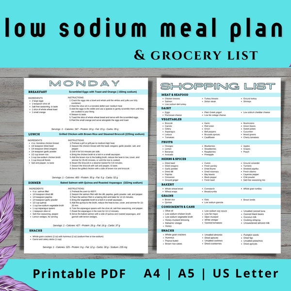 7 Day Low Sodium Meal Plan with Printable Grocery List Low Salt Diet Plan 1500 Calorie Kidney Disease Hypertension Weekly Menu Recipes PDF