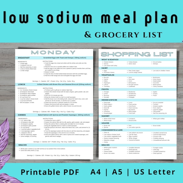 7 Day Low Sodium Meal Plan with Printable Grocery List, Low Salt Diet Plan 1500 Calorie, Kidney Disease Low Salt Weekly Menu Recipes PDF