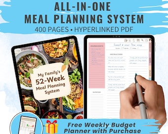Puede incluir: Dos tabletas muestran un sistema digital de planificación de comidas. El texto dice "ALL-IN-ONE MEAL PLANNING SYSTEM" y "My Family's 52-Week Meal Planning System." Incluye un planificador de presupuesto semanal gratuito. 400 páginas, PDF con hipervínculos.
