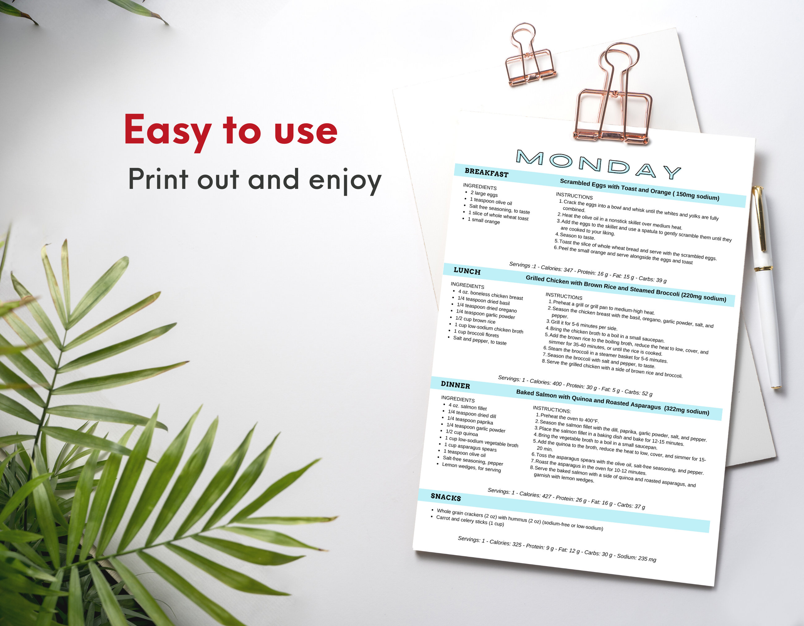 7 Day Low Sodium Meal Plan With Printable Grocery List, Low Sodium Diet ...