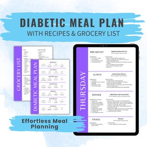 7 Day Diabetic Meal Plan with Recipes and Grocery List PDF Printable Low Carb Weekly Meal Plan Type 2 Diabetes Pre diabetic Beginner Guide