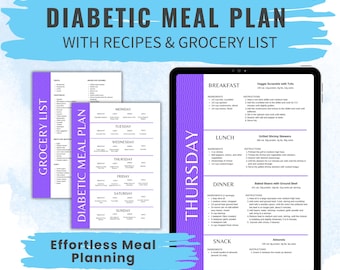 7 Day Diabetic Meal Plan with Recipes and Grocery List PDF Printable Low Carb Weekly Meal Plan Type 2 Diabetes Pre diabetic Beginner Guide