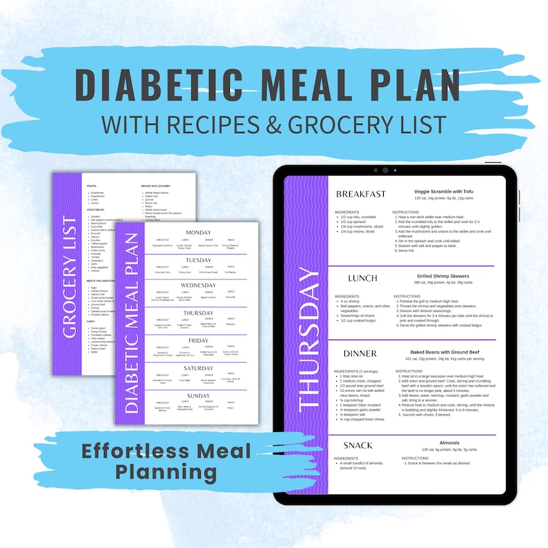 7 day diabetic meal plan PDF with recipes and grocery list for easy low carb meal prep for type 2 diabetes