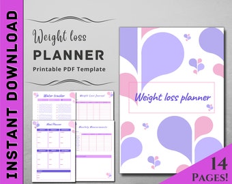 May include: A printable weight loss planner with a pink and purple design. The planner includes sections for tracking water intake, weight loss journal, meal planning, and monthly measurements. The cover features a white background with a repeating pattern of pink and purple teardrop shapes. The text "Weight loss planner" is printed in black on the cover.