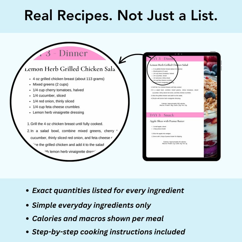 Real recipes not just a list slide showing two recipe card pages from 800 calorie meal plan with ingredients step by step instructions and macros per meal