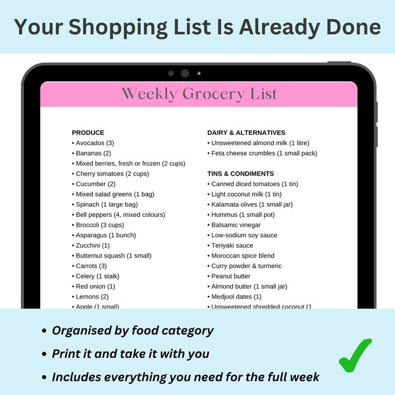 Your shopping list is already done slide showing weekly grocery list PDF page organised by food category including produce protein grains and tins