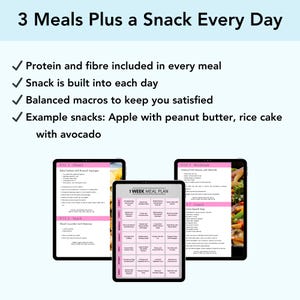 3 meals plus a snack every day slide from 800 calorie meal plan showing device mockups with bullet points listing example snacks including Greek yogurt and apple with peanut butter