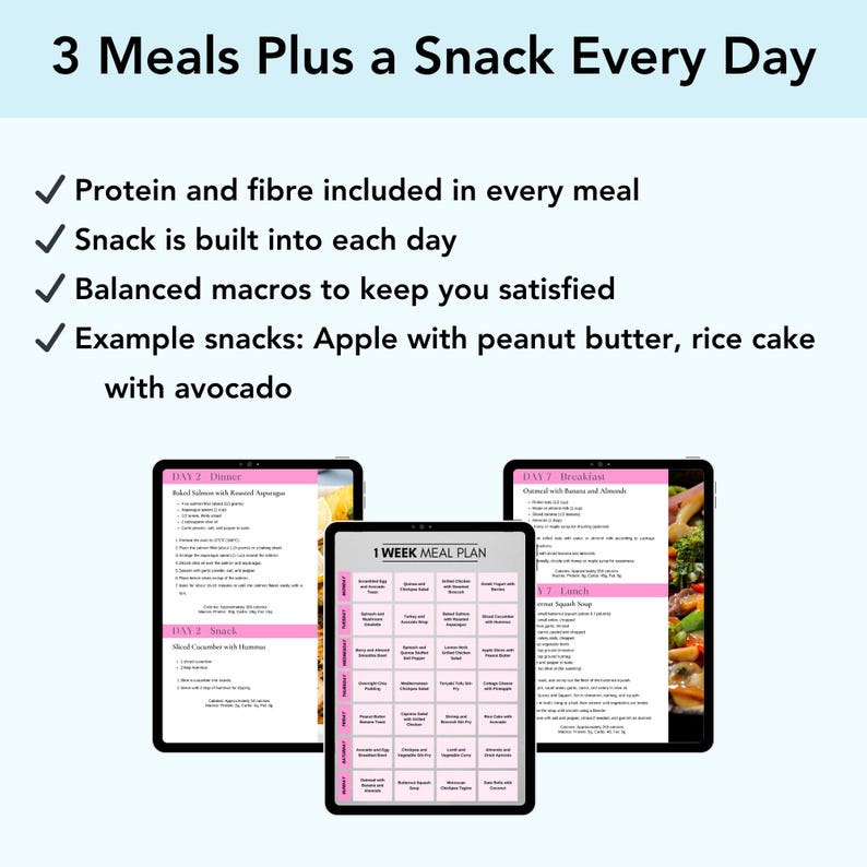 3 meals plus a snack every day slide from 800 calorie meal plan showing device mockups with bullet points listing example snacks including Greek yogurt and apple with peanut butter