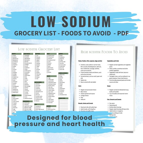 Low Sodium Grocery List Printable High Sodium Foods to Avoid PDF for Kidney Disease Diet and Hypertension Heart Health High Blood Pressure