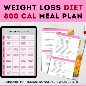 Kaloriendefizit-Plan kalorienarme Diät-Plan Menü Rezepte 800 Kalorien Diät Mahlzeit-Plan 7 Tage Diät-Plan für die schnelle Gewichtsabnahme druckbare PDF