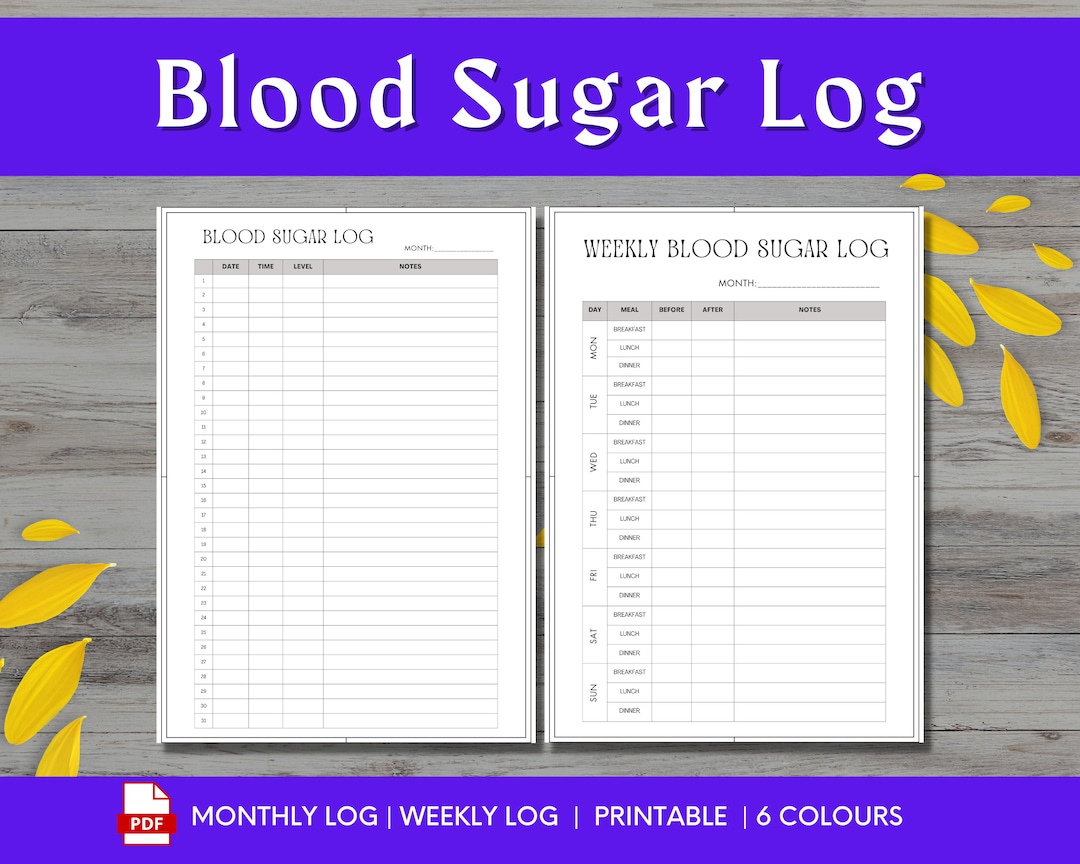 Blood Sugar Log, Printable Glucose Tracker, Monthly Blood Sugar Journal