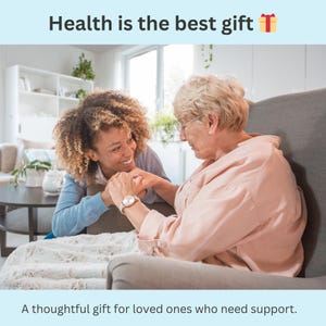 Heartwarming moment between daughter and elderly mom, featuring this kidney friendly food list as a thoughtful caregiving gift for seniors.