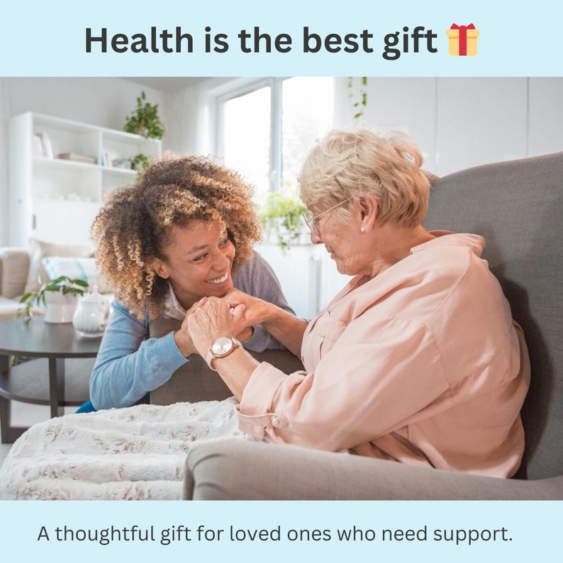 Heartwarming moment between daughter and elderly mom, featuring this kidney friendly food list as a thoughtful caregiving gift for seniors.